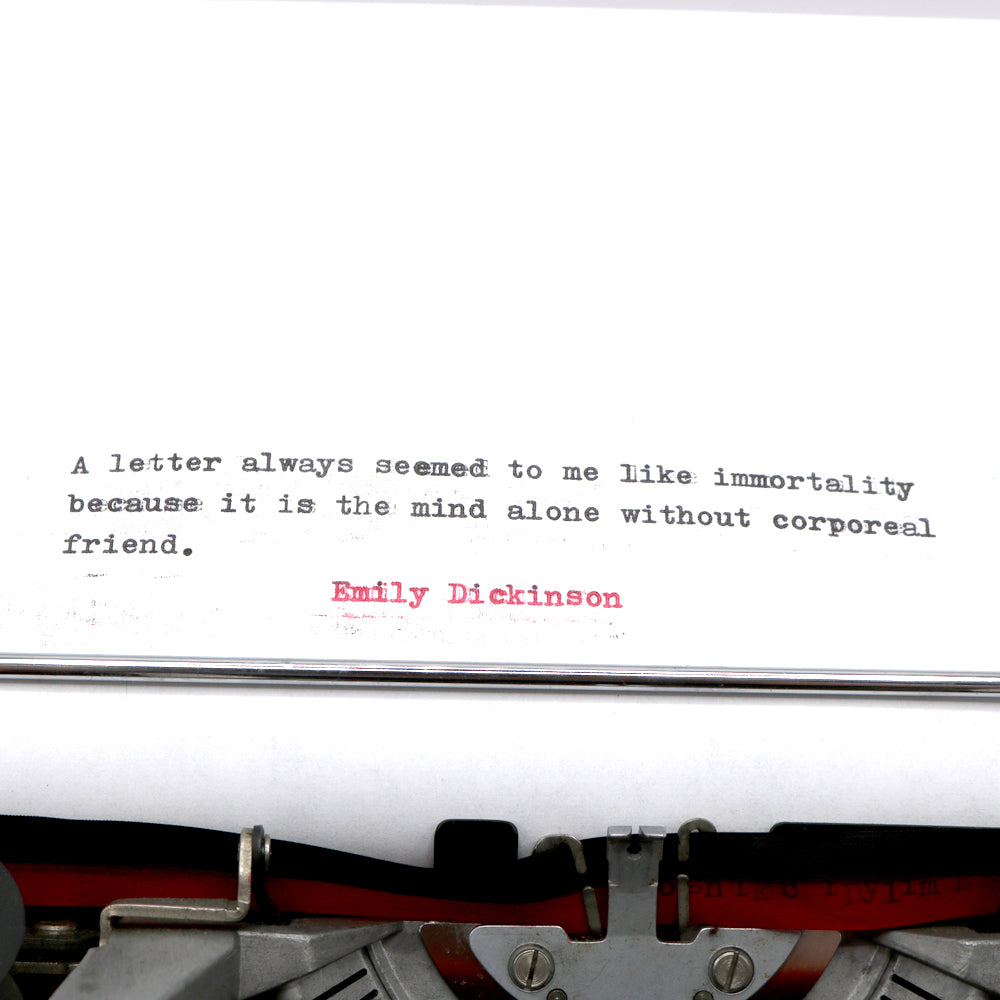 We can make a personalized, custom Typewritten Letter, note or poem for you typed on a vintage typewriter of your choosing from our current selection on white high-quality linen paper. Each letter can be up to 200 words, and can be single or double spaced. We will use black or red ink for your letter. Also available in store at FOLD Gallery DTLA.