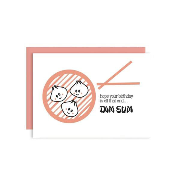 by Kiss and Punch Designs by Julie Stewart. Here's a perfect birthday Dim Sum Foodie Birthday Card for that dim sum fiend! Cards are blank inside. 4bar matching peachy coral envelope. As this is letterpress printed, each card is unique. Measures 3 1/2 x 4 7/8 inches.