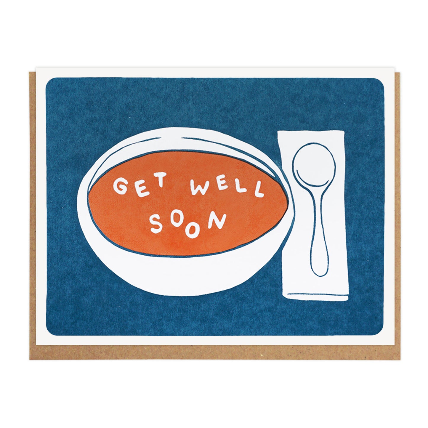 by Lucky Horse Press. Get Well Soon Soup Card details: Letterpress printed 100 lb. Recycled cover. Blank inside. Matching envelopes. 4.25" × 5.5" folded card. Please note that due to everyone’s monitor displaying differently, the colors you see may vary.