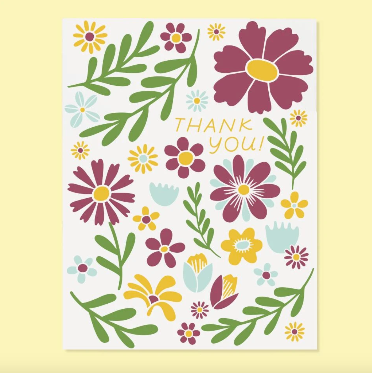 by The Good Twin. Thank You Flowers Card details: Three color screen print on French Paper. Packed in a cello sleeve with corresponding envelope. Blank inside. Made in the USA. Size A2, 4.25 by 5.5 inches folded. Please note that due to everyone’s monitor displaying differently, the colors you see may vary.