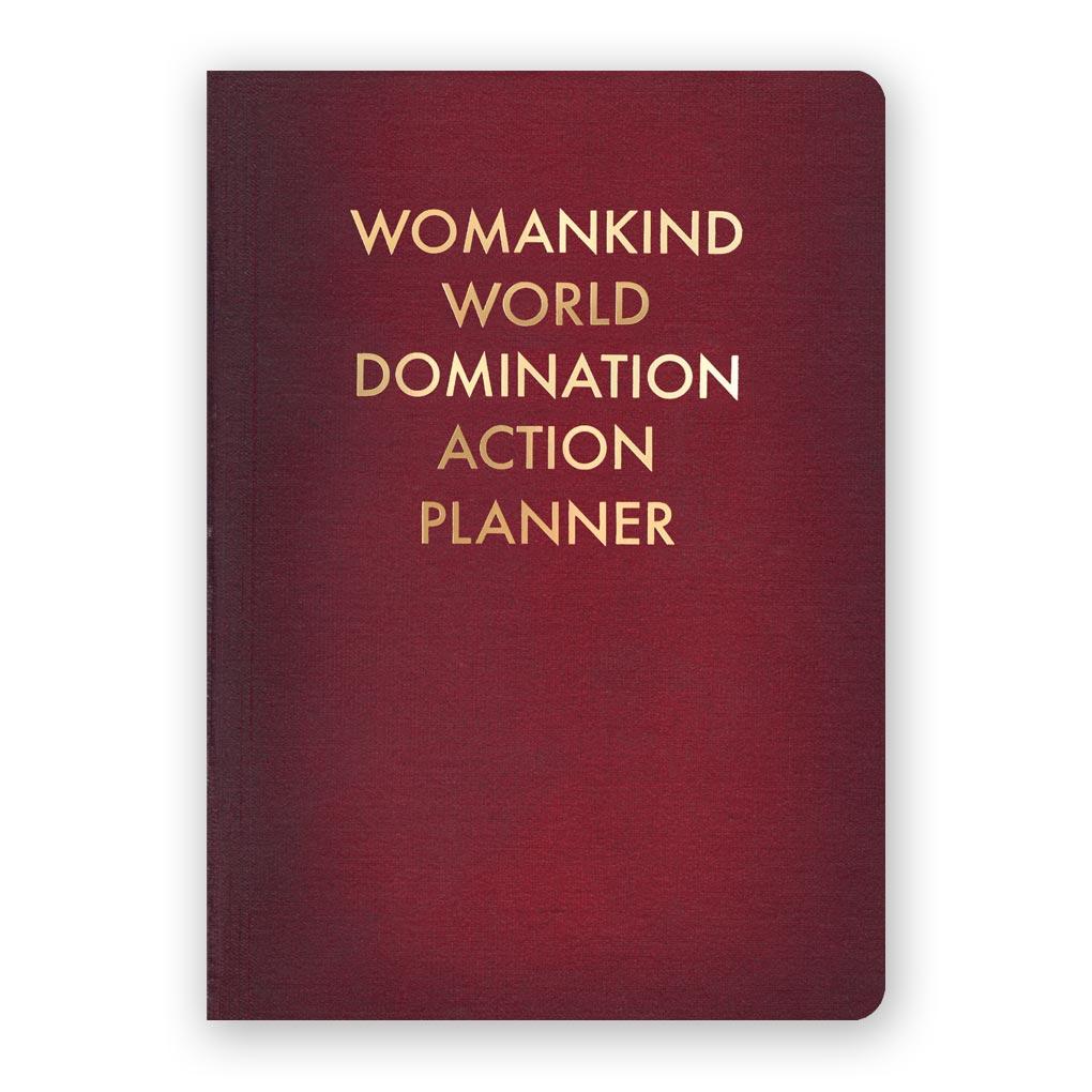 By The Mincing Mockingbird & The Frantic Meerkat Womankind World Domination Action Planner Journal features 120 alternating dotted/ruled pages of 120 gsm creamy off-white paper that takes ink beautifully. Stylish gold foil stamped cover. Binding lies flat when open. Please note that due to everyone’s monitor displaying differently, the colors you see may vary. Measures 5 x 7 inches — perfect size for a purse or for traveling.