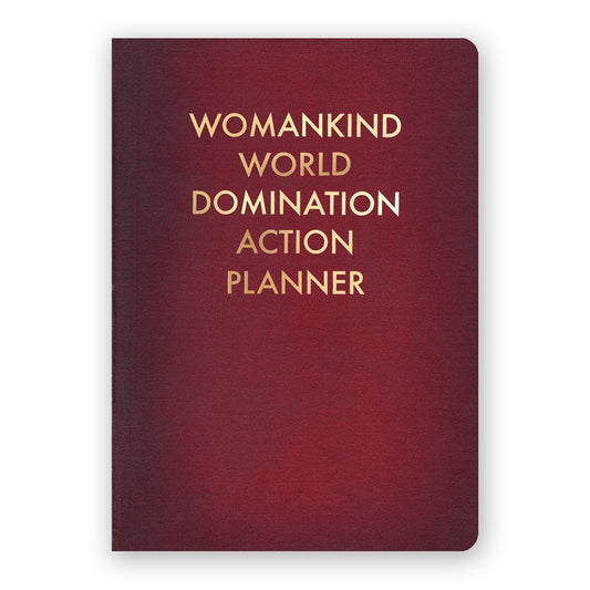 By The Mincing Mockingbird & The Frantic Meerkat  Womankind World Domination Action Planner Journal features 120 alternating dotted/ruled pages of 120 gsm creamy off-white paper that takes ink beautifully. Stylish gold foil stamped cover.  Binding lies flat when open.  Please note that due to everyone’s monitor displaying differently, the colors you see may vary.  Measures 5 x 7 inches — perfect size for a purse or for traveling.