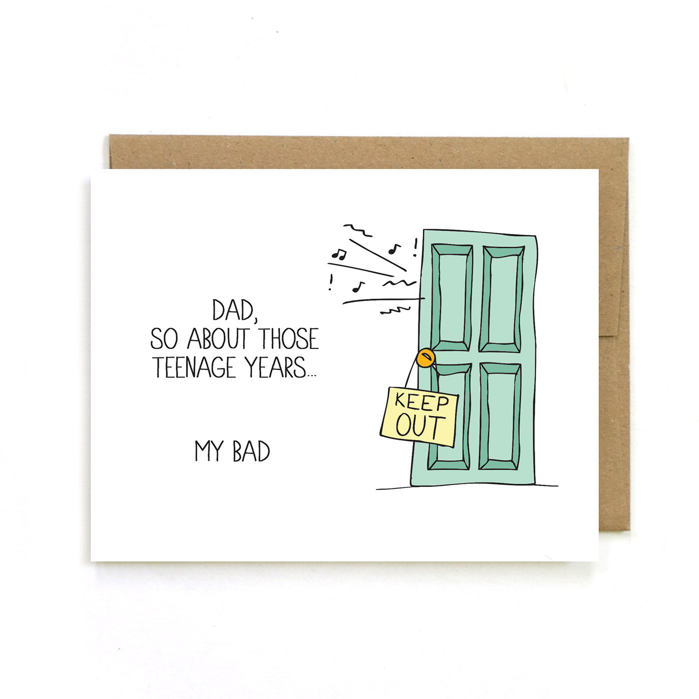 By Unblushing. Let Dad know that you feel bad about your days as an angsty teenage punk (I wasn’t the only one, right?). Teenage Years Card details: 5.5 x 4.25 (A2) folded card. A2 100% recycled kraft envelope. Professionally printed on 130# recycled cardstock. Packaged in a compostable clear sleeve. Blank inside for your own personal message.