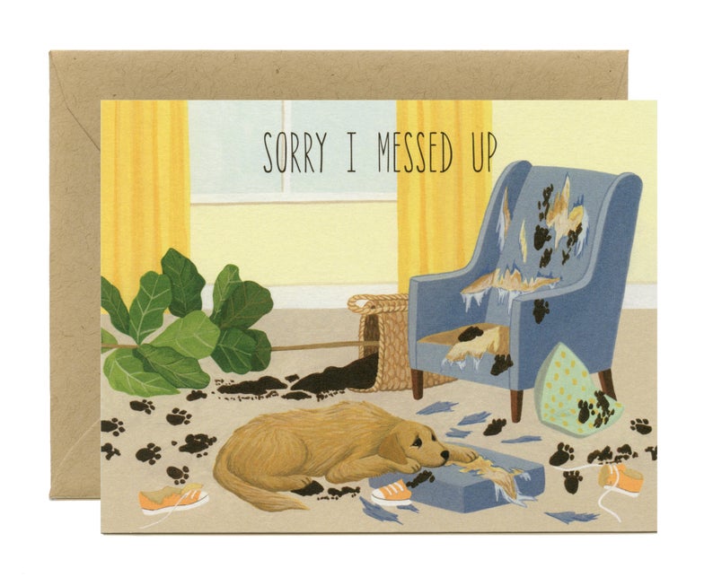 by Yeppie Paper. Sorry I Messed Up Card details: Professionally printed in full color in Los Angeles. FSC-certified, recycled 110 lb. cover weight, soft white paper. Matching recycled kraft envelope. Blank inside with single color logo on back. Shipped in a rigid, flat mailer. Made in the USA. A2 folded card.