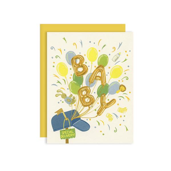 By Yeppie Paper. Baby Special Delivery Card. Professionally printed in full color in Los Angeles. FSC-certified, recycled 110 lb. cover weight, soft white paper.Matching recycled curry envelope. Blank inside with single color logo on back. Card and envelope packaged in a clear cello sleeve. Measures 4.25 x 5.5 inches. FOLD Gallery Dtla.