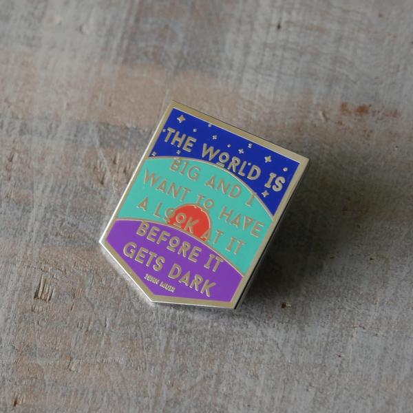 by 1606 Supply Co. The World is Big John Muir Pin. This nickel plated enamel pin comes with a rubber pin back. Measures 1 x 1.25 inch. Also available in store at FOLD Gallery DTLA.
