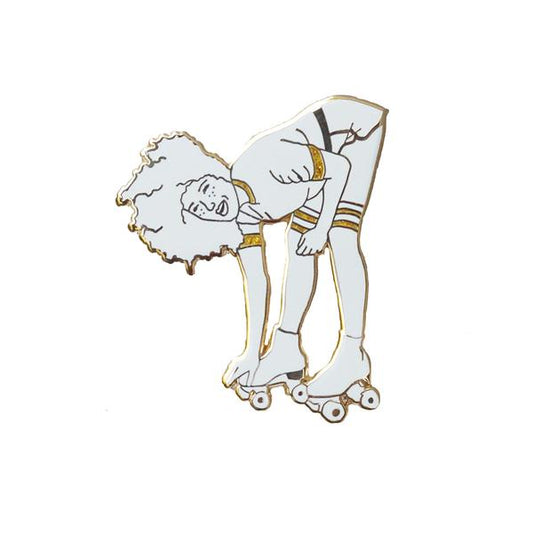By Adele by Adele Jackson. Rollerbabe Enamel Pin in White. For those who live the motto of "Keep Calm and Roll On". Hard enamel pin. Has two posts and logo stamped on the back. Comes with clear rubber clutches. Measures 2 inches tall. Also available in store at FOLD Gallery DTLA.