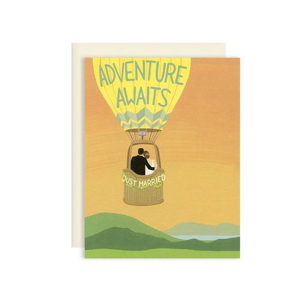 By Yeppie Paper. The Adventure Awaits Wedding Card is professionally printed in full color in Los Angeles. FSC-certified, recycled 110 lb. cover weight, soft white paper. Matching recycled soft white envelope. Blank inside with single color logo on back. Measures 4.25 x 5.5 inches. FOLD Gallery Dtla.