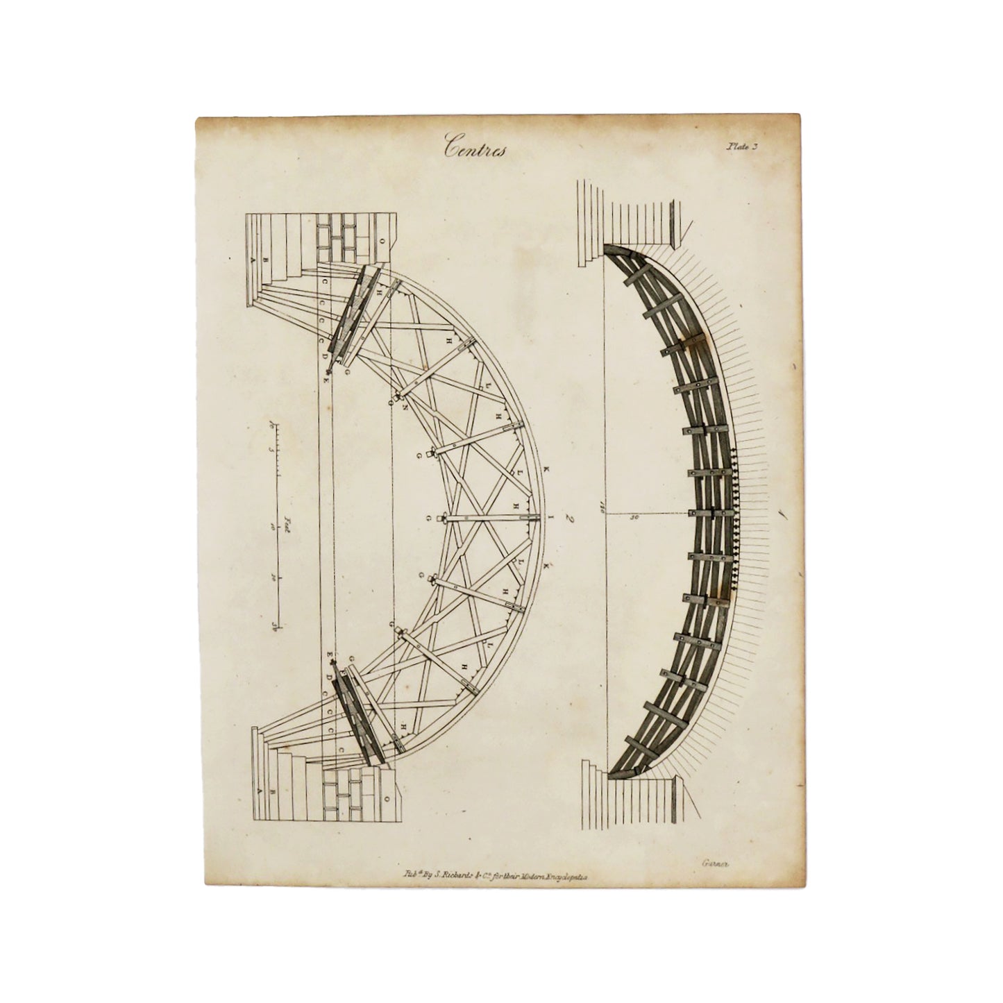 Centres Plate 3  Antique 1820 Engraving from "The Modern Encyclopedia: The Latest Discoveries in each Department of Knowledge."  1820s etching depicting the dimensions for the construction of various arches.  Measures 10.5 x 8.25 inches.
