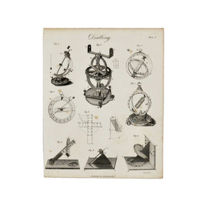 Dialling Plate 3  Antique 1820 Engraving from "The Modern Encyclopedia: The Latest Discoveries in each Department of Knowledge."  1820s etching depicting various dials.  Measures 10.5 x 8.25 inches.