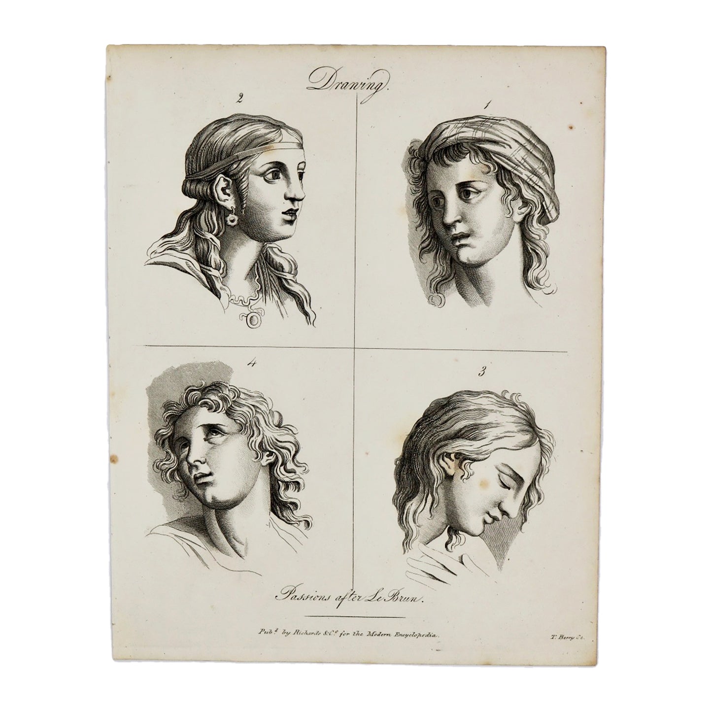 Drawing (Passions After Le Brun 1)  Antique 1820 Engraving from "The Modern Encyclopedia: The Latest Discoveries in each Department of Knowledge."  1820s etching depicting a face from four different angles for drawing purposes.  Measures 10.5 x 8.25 inches.