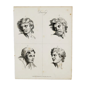 Drawing (Angry Faces)  Antique 1820 Engraving from "The Modern Encyclopedia: The Latest Discoveries in each Department of Knowledge."  1820s etching depicting four angry faces for drawing purposes  Measures 10.5 x 8.25 inches