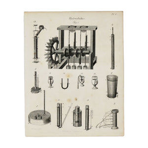 Hydrostatics Plate 1  Antique 1820 Engraving from "The Modern Encyclopedia: The Latest Discoveries in each Department of Knowledge."  1820s etching depicting various tools related to the study of hydrostatics and water pumps.  Measures 10.5 x 8.25 inches.