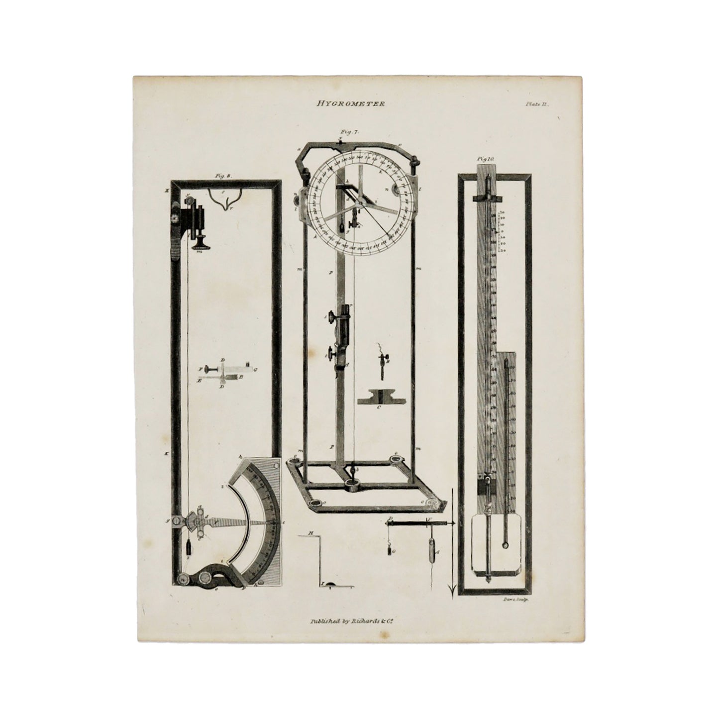 Hygrometer Plate 11  Antique 1820 Engraving from "The Modern Encyclopedia: The Latest Discoveries in each Department of Knowledge."  1820s etching of a hygrometer, a tool used for measuring humidity  Measures 10.5 x 8.25 inches