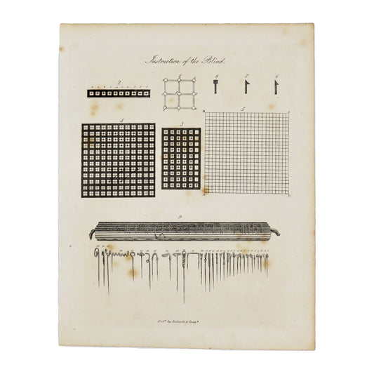 Instruction of the Blind  Antique 1820 Engraving from "The Modern Encyclopedia: The Latest Discoveries in each Department of Knowledge."  1820s etching depicting early tools for Braille.  Measures 10.5 x 8.25 inches.
