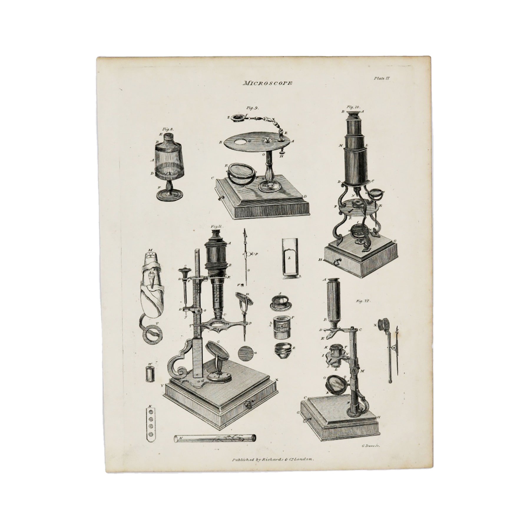 Microscope Plate II  Antique 1820 Engraving from "The Modern Encyclopedia: The Latest Discoveries in each Department of Knowledge."  1820s etching depicting cross sections of early microscopes.  Measures 10.5 x 8.25 inches