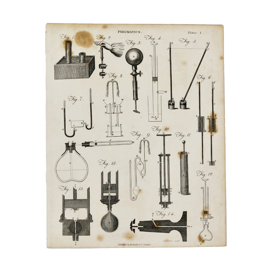 Pneumatics Plate 1  Antique 1820 Engraving from "The Modern Encyclopedia: The Latest Discoveries in each Department of Knowledge."  1820s etching depicting various tools used in the study of pneumatics.  Measures 10.5 x 8.25 inches