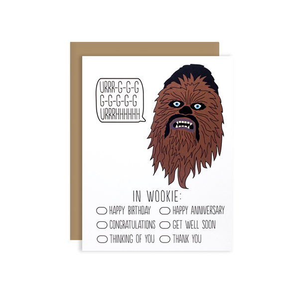 by Arthur's Plaid Pants. This Chewbacca Card is blank on the inside. Packaged with a recycled kraft envelope enclosed in an individual cello sleeve. Paper is 100% recycled, Green Seal Certified, Green-E Certified, FSC Certified, Carbon Neutral, Processed Chlorine Free, WWF Certified & Rainforest Alliance Certified.