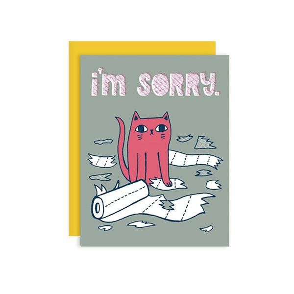 By Badge Bomb. I'm Sorry Destructive Cat Card details: Blank Inside. 4.25" x 5.5" A2 size greeting card. Printed with soy ink in the USA. FSC certified 100% post-consumer recycled paper. Packaged in plastic sleeves with recycled envelope.