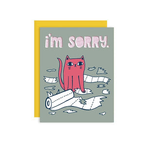 By Badge Bomb. I'm Sorry Destructive Cat Card details: Blank Inside. 4.25" x 5.5" A2 size greeting card. Printed with soy ink in the USA. FSC certified 100% post-consumer recycled paper. Packaged in plastic sleeves with recycled envelope.
