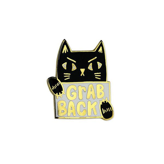 By Badge Bomb. Grab Back Pussy Cat Pin. Illustrated by Allison Cole. Gold hard enamel pin. Measures 1 inch.