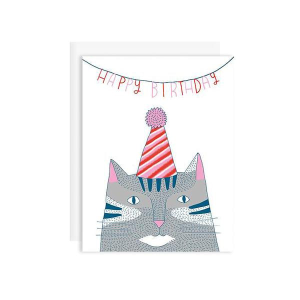 By Badge Bomb. Happy Birthday Cat Card: Blank Inside. Printed with soy ink in the USA. FSC certified 100% post-consumer recycled paper. Packaged in plastic sleeves with recycled envelope. Measures 4.25 x 5.5 inches - A2 size greeting card.