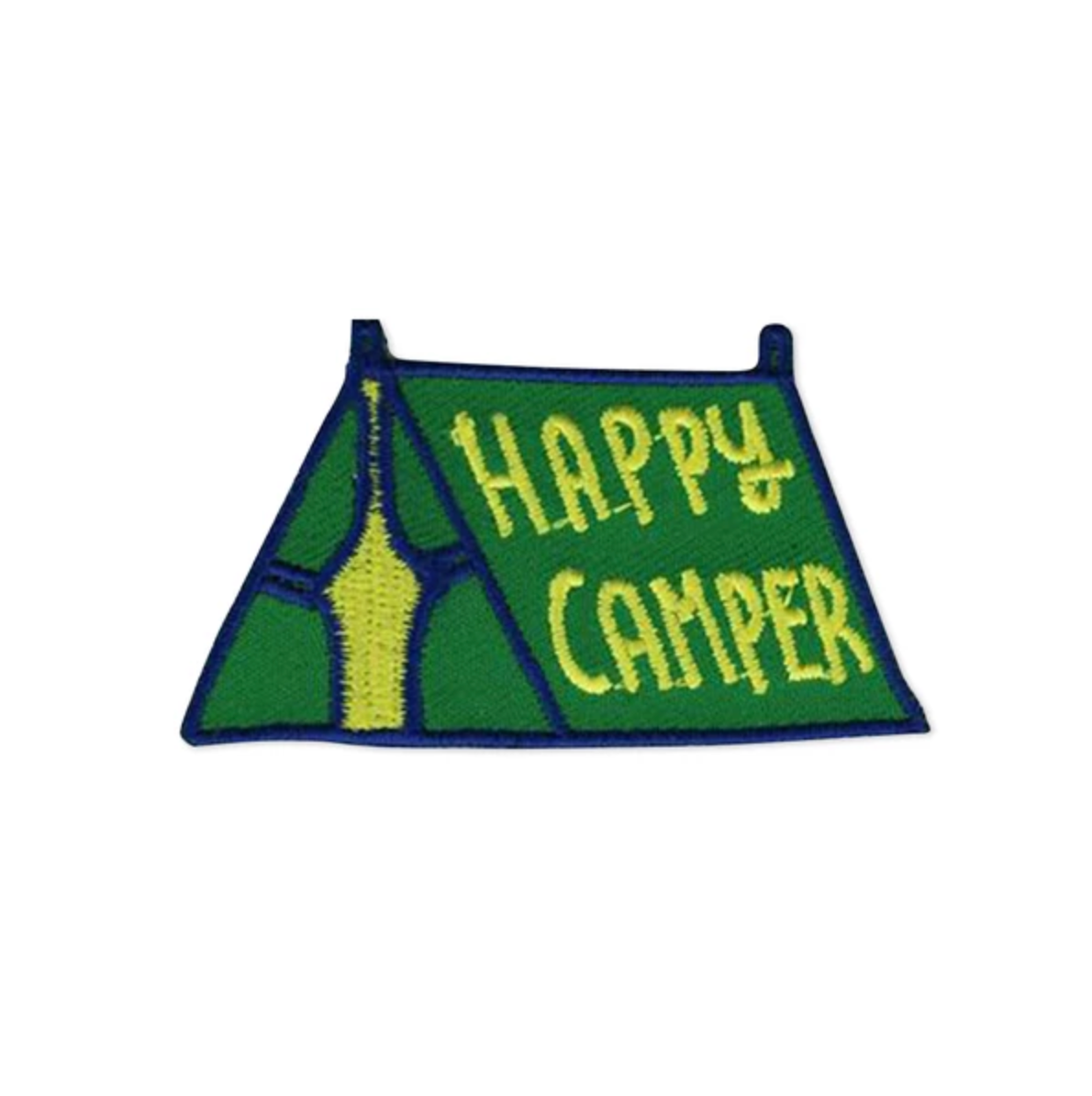 By Badge Bomb. Iron on Happy Camper Tent Green Patch by Kate Sutton. Comes packaged in individual hang bag. Measures 2.25 x 1.25 inches.