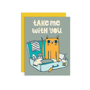 By Badge Bomb. Take Me With You Cat Card. Blank Inside. Printed with soy ink in the USA. FSC certified 100% post-consumer recycled paper. Packaged in plastic sleeves with recycled envelope. Measures 4.25 x 5.5 inch A2 size greeting card. Also available in store at FOLD Gallery DTLA.