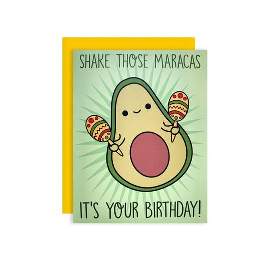 by Bored Inc. Shake those Maracas, it's your birthday! This dancing Cha Cha the Avocado Birthday Card makes the perfect birthday greeting! This greeting card is blank inside and comes with textured yellow gold envelope. Card is professionally printed on heavyweight matte cardstock. Available in store at FOLD Gallery.