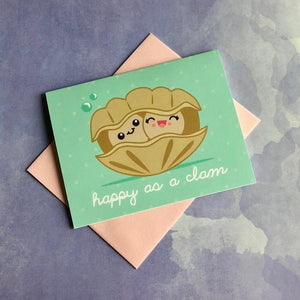 by Bored Inc. Super-cute Happy as a Clam Card. Perfect to send to someone you love! Card is blank inside and comes with pink envelope. Professionally printed using high quality, archival dye based inks on a heavyweight matte card. Measures 4 1/4 x 5 1/2 inches.