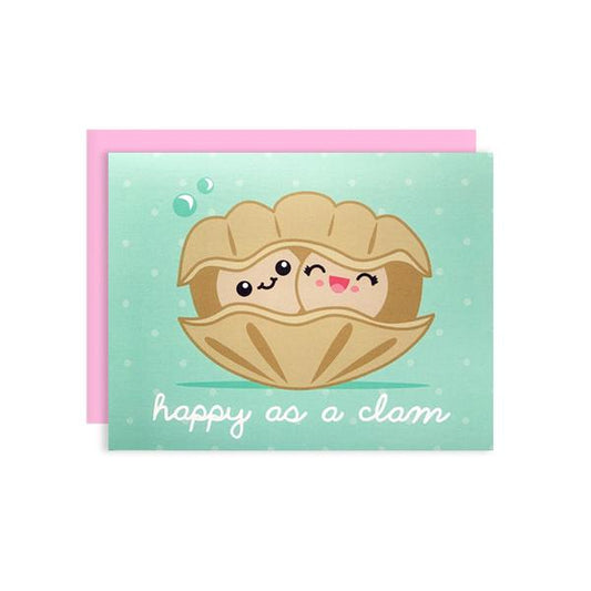 by Bored Inc. Super-cute Happy as a Clam Card. Perfect to send to someone you love! Card is blank inside and comes with pink envelope. Professionally printed using high quality, archival dye based inks on a heavyweight matte card. Measures 4 1/4 x 5 1/2 inches.