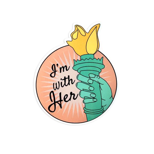 by Bored Inc. Show your support for Lady Liberty and all she stands for with this I’m With Her Sticker. Designed by Danielle Salazar. This durable, vinyl sticker is waterproof with an outdoor life of 3-5 years and is even dishwasher safe. Measures 3 x 3 inches. Also available in store at FOLD Gallery DTLA.