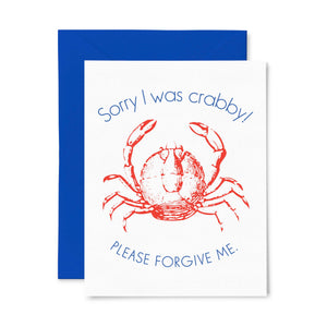 By Color Box Design & Letterpress. Sometimes you just need to say you're sorry, this cute little crabby card is the perfect way! Sorry I Was Crabby Card details: Letterpress folded card, blank inside. 1 ply paper with deep impression. A2 size (4.125" x 5.5"). Comes with envelope shown in a clear sleeve.