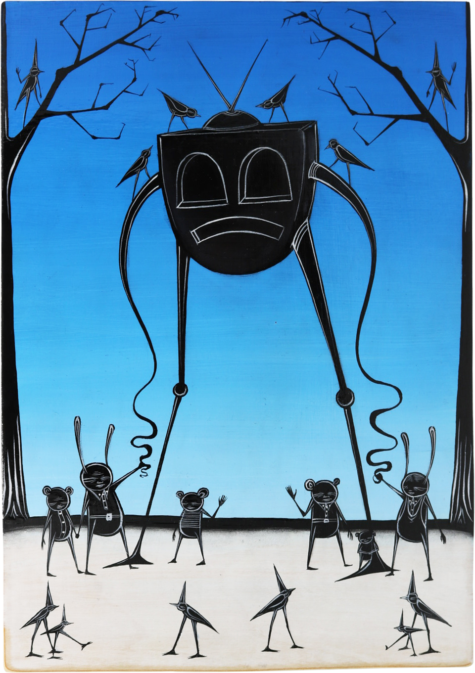 Don't look so sad, mr. robot, 2020  Original Mixed Media Artwork by Walt Hall  Each Panel Measures 13.5 x 9.5 x 1 inches.   Medium: Acrylic Paint & Mixed Media on Found Wood