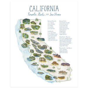 By Erin Vaughan. This California Parks Map Checklist Illustration print features charted forests, landmarks, national parks, state parks/reserves, monuments + seashores and are original hand painted illustrations by the artist. Also available in store at FOLD Gallery in DTLA.