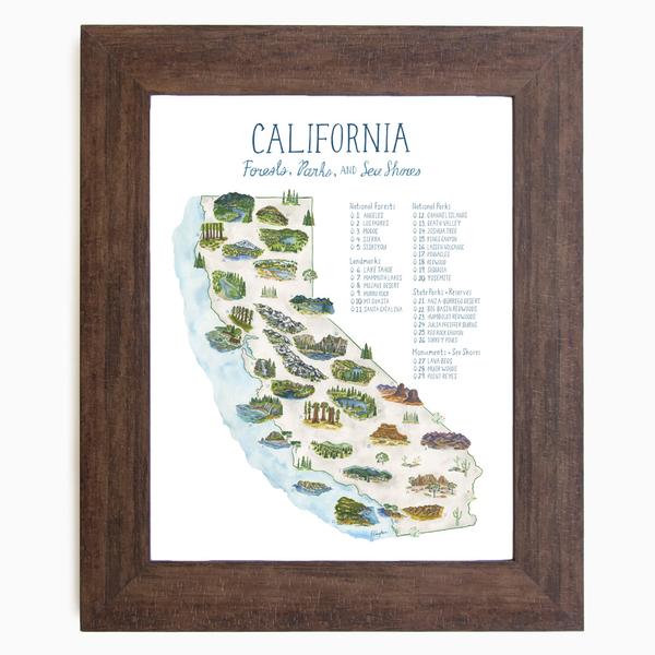 By Erin Vaughan. This California Parks Map Checklist Illustration print features charted forests, landmarks, national parks, state parks/reserves, monuments + seashores and are original hand painted illustrations by the artist. Also available in store at FOLD Gallery in DTLA.