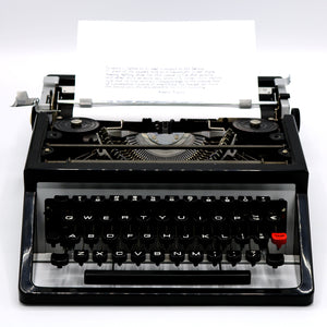 We can make a personalized, custom Typewritten Letter, note or poem for you typed on a vintage typewriter of your choosing from our current selection on white high-quality linen paper. Each letter can be up to 200 words, and can be single or double spaced. We will use black or red ink for your letter. Also available in store at FOLD Gallery DTLA.