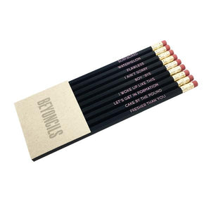 by LZPENCILS. The Beyoncils Pencil Set features 9 of your favorite Beyoncisms, including: SURFBOARD, WATERMELON, FLAWLESS, I AIN'T SORRY, BOY 'BYE, I WOKE UP LIKE THIS, LET'S GET IN FORMATION, CAKE BY THE POUND and FRESHER THAN YOU. Pale pink imprint on black pencils. Pencils write in standard gray #2 graphite. FOLD Gallery Dtla.