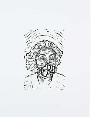 Hero by Winston Rylee. FOLD Gallery & Winston Rylee are teaming up to make a 20% donation of the total proceeds generated from the sale of “Hero” going to WeProvidePPE.org. Limited Edition (50 Signed) Hand-Pressed Black Relief Ink on White Yasutomu Japanese Paper 9"x12". Paper is 90lb (250gsm) & acid-free. Each print is unique and has variances in the ink as each are hand pressed individually.
