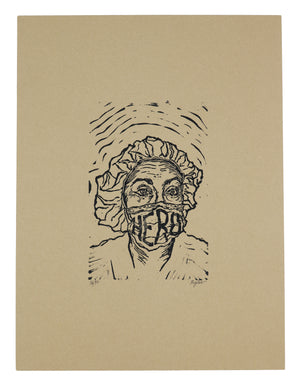 Hero by Winston Rylee. FOLD Gallery & Winston Rylee are teaming up to make a 20% donation of the total proceeds generated from the sale of “Hero” going to WeProvidePPE.org.Limited Edition (50 Signed) Hand-Pressed Black Relief Print Ink on Stonehenge Kraft Drawing Paper 9"x12". Paper is 71.5gsm & acid-free. Each print is unique and has variances in the ink as each are hand pressed individually. 