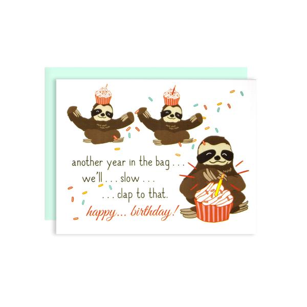 By Ilootpaperie. The Birthday Slow Clap Sloth Card is printed on 100lb cardstock with subtle embossed soft white linen finish. Blank inside for a personal message. High quality envelope with square flap included. Folded card measures 4.25 x 5.5 inches.