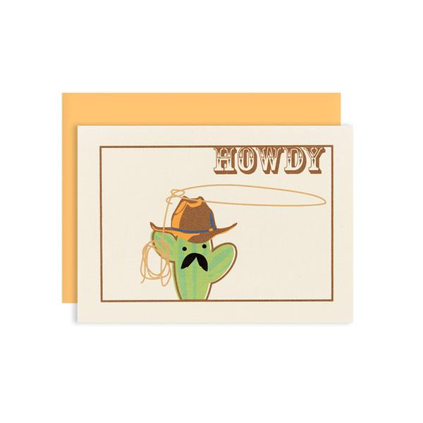 By Ilootpaperie. This folded Cactus Howdy Card is printed on premium, rich and luxurious cream 100lb cardstock. Inside text "pardner" - remaining is blank for a personal message. High quality, melon orange envelope with square flap included. Measures 4.25 x 5.5 inches. Also available in store at FOLD Gallery in DTLA.