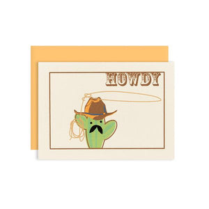 By Ilootpaperie. This folded Cactus Howdy Card is printed on premium, rich and luxurious cream 100lb cardstock. Inside text "pardner" - remaining is blank for a personal message. High quality, melon orange envelope with square flap included. Measures 4.25 x 5.5 inches. Also available in store at FOLD Gallery in DTLA.