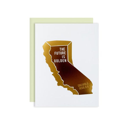 By Ilootpaperie. The Future is Golden California Card. This folded card is printed on premium cream linen textured 100lb cardstock with Two Tone Gold Foil detailing. Blank inside for a personal message. High quality, mint envelope with square flap included. Measures 4.25 x 5.5 inches. Also available in store at FOLD Gallery DTLA.