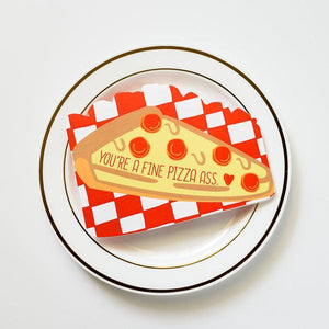 By Ilootpaperie. You're a Fine Pizza Ass Die Cut Card. This die cut folded card is Indigo Press printed on premium white linen textured 100lb cardstock. Cheeky pie-shaped slice of stationery goodness. High quality, red envelope with square flap included. Measures 4.25 x 5.5 inches. FOLD Gallery Dtla.