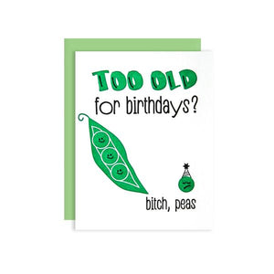 by Kiss and Punch Designs by Julie Stewart. C'mon, everyone loves birthdays! Get this punny Cute Peas Over the Hill Birthday Card for your friend who's just not feelin' it. A2 bright green envelope. Individually wrapped in a cellophane sleeve. Card is blank inside. Also available in store at FOLD Gallery in DTLA.