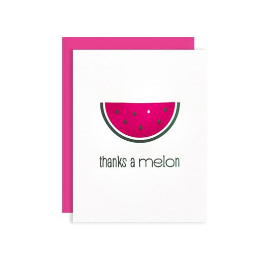 by Kiss and Punch Designs by Julie Stewart. Thanks a Melon Card. A fun foodie watermelon thank you card to show your gratitude. Printed on Crane Lettra 110 lb. paper. Black & hot pink letterpress. A2 Razzleberry envelope. All cards are blank inside for you to leave your own personal message. Measures 4.25 x 5.5 Inches. Also available in store at FOLD Gallery DTLA.