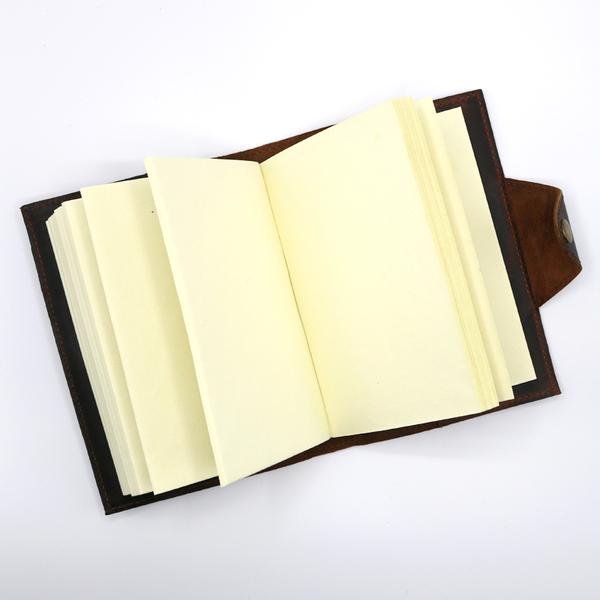 By Kodiak Leather. The Drifter Leather Journal in Dark Walnut is made from Full Grain leather and complete with a snap button closure, this journal is the ultimate gift item for the world traveler or home body. 210 blank pages.Handmade artisan paper. Refillable. Measures 5 x 7 x 2.5 inches.