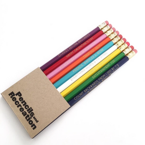 by LZPENCILS. Parks & Recreation Pencil Set. This 9-pencil set is imprinted with phrases inspired by the series "Parks and Recreation". These pencils are imprinted individually by hand on a vintage press. Also available in store at FOLD Gallery DTLA.
