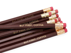 by LZ Pencils. Listing is for one But First Coffee Pencil. All type is set by hand and lovingly hand-pressed onto each and every pencil. Pencils write in standard #2 gray graphite, perfect for gifting. PLEASE NOTE COLORS ARE RANDOM AND WILL VARY FROM WHAT IS PICTURED.